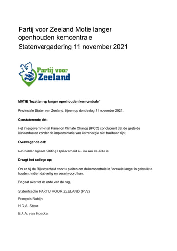 Partij voor Zeeland Motie langer openhouden kerncentrale Statenvergadering 11 november 2021