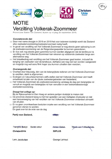 Motie PvZ inzake Volkerak-Zoommeer