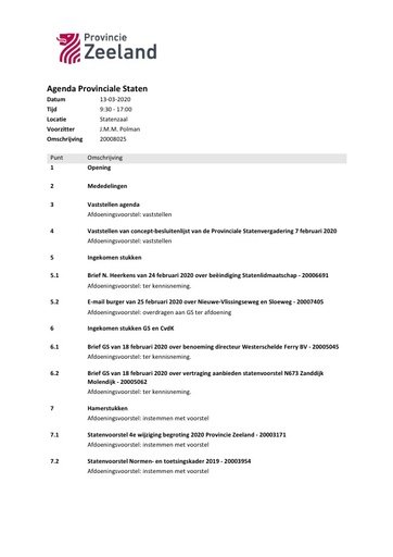 Agenda statenvergadering 13 maart 2020
